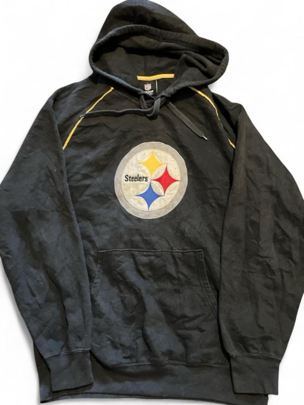 Vtg NFL Y2K Pittsburgh Steelers Chenille Patch Logo Graphic Black Hoodie Large